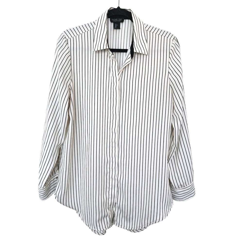 Rachel Zoe White Striped Button Down Top Long Sleeve L Office Preppy Luxury Chic - Picture 2 of 7